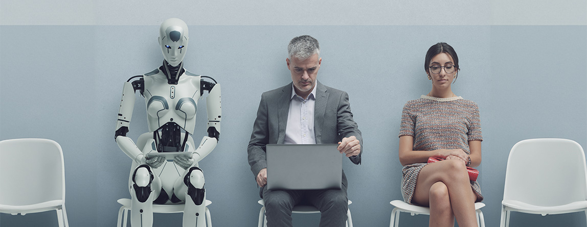 Three individuals seated in chairs alongside a robot, showcasing the integration of AI in human environments