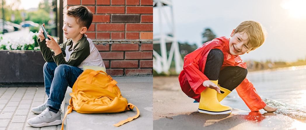 Two children, illustrating the contrast between outdoor activities and digital engagement.