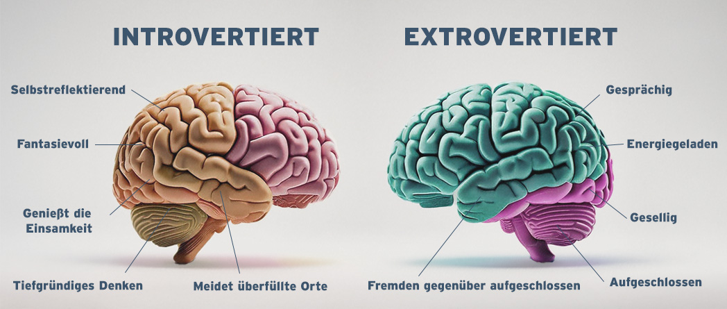 Eine Illustration, die die Unterschiede zwischen introvertierten und extrovertierten Gehirnen zeigt