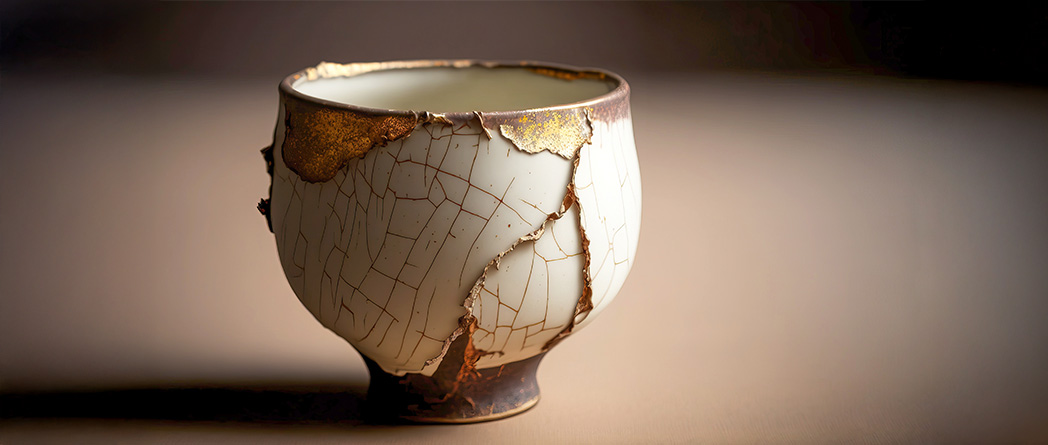 A rustic Japanese ceramic tea bowl with an uneven shape, reflecting Wabi-Sabi