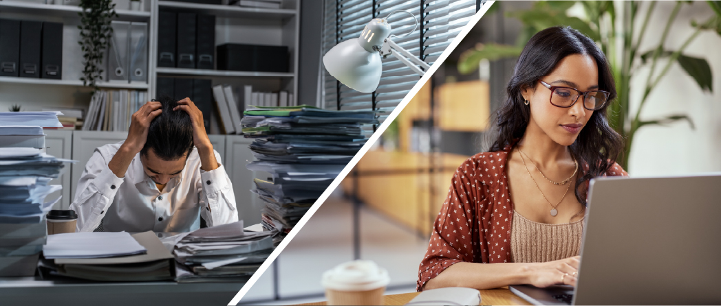 Split image of chaotic versus calm lifestyle, representing habit change