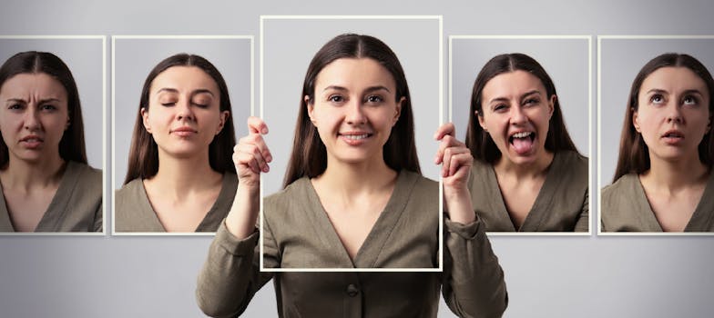 Person facing mirrors with varied emotions, symbolizing identity conflict caused by people-pleasing behavior