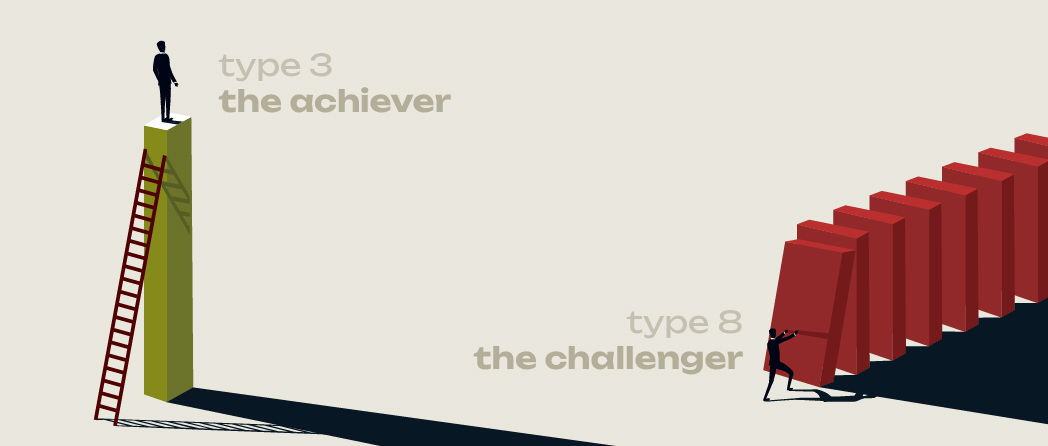 Type 3 and 8 Enneagram personalities facing change head-on with ambition and assertiveness