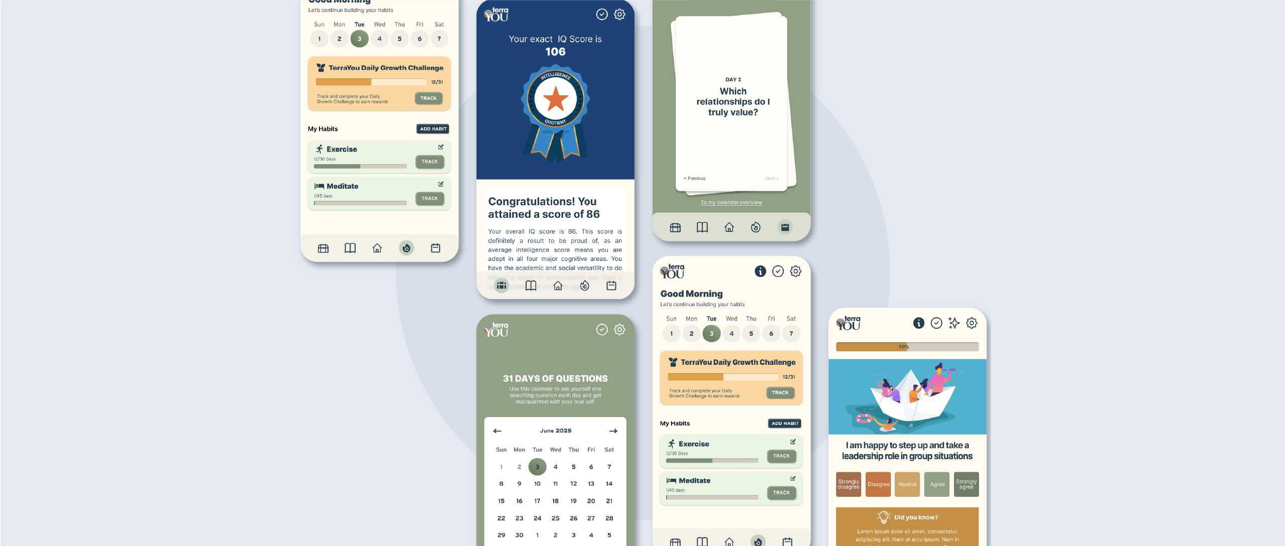 TerraYou app screenshots displaying features like habit tracking, quizzes, and guided journaling