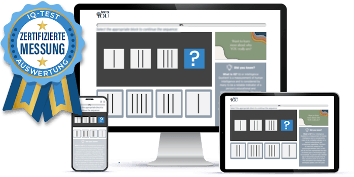 Verschiedene Geräte zeigen den TerraYou online IQ-Test und die IQ-Fragen an